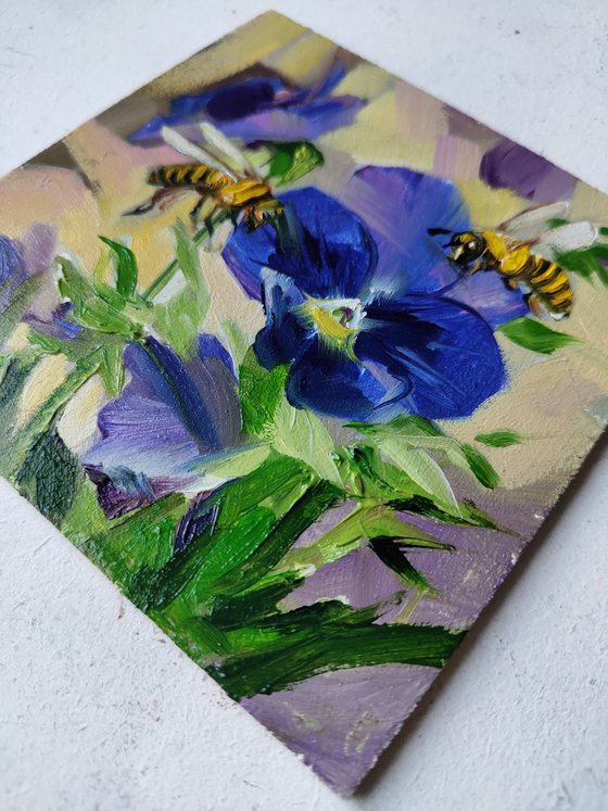 Bee artwork, Bee art painting original, Couple gift idea anniversary, Blue flowers painting, Small painting of animals, Bee picture frame