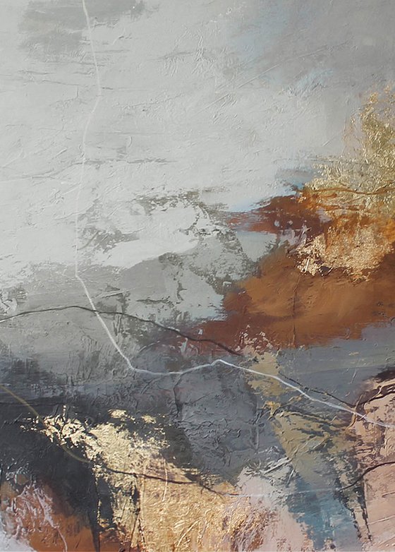 "Orange Flight 3" Abstract gray brown gold