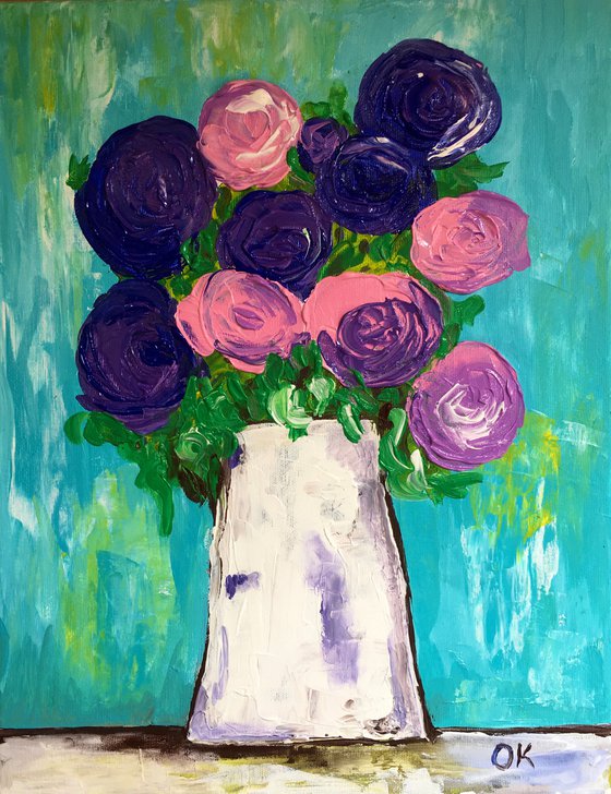 BOUQUET OF Purple and pink Roses  #7 palette  knife Original Acrylic painting office home decor gift