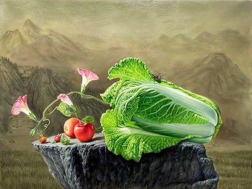 Still life:cabbage and floral by Kunlong Wang