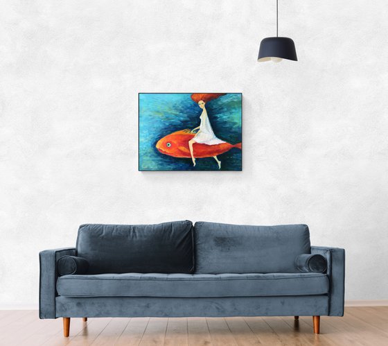 TO THE STORE TO BUY SOME BREAD (The Red Fish) - oil figurative artwork with a girl and a fish sea blue home decor gift idea