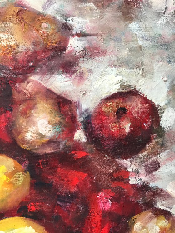 Ripe lemons on red silk.  Still life, gift, original, contemporary.