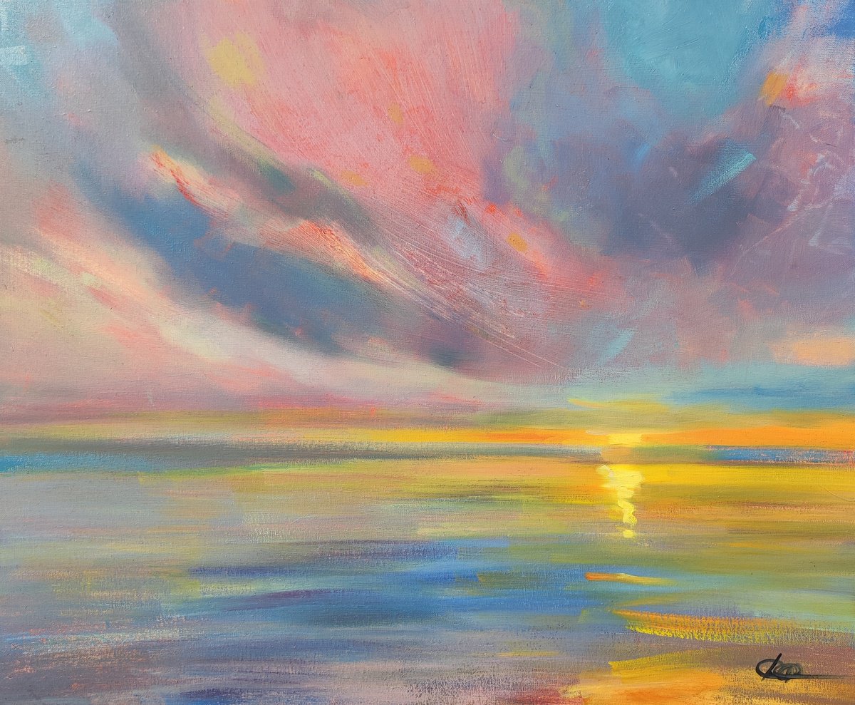 Impressionistic Landscape Oil Painting By Olga Onopko, 24 X 20", Sun In Blue, Original Artwork