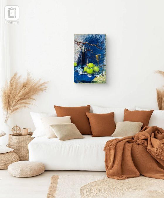 Cozy blue still life with apples