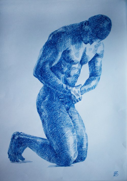 Nude male model on the on knees by Kateryna Bortsova