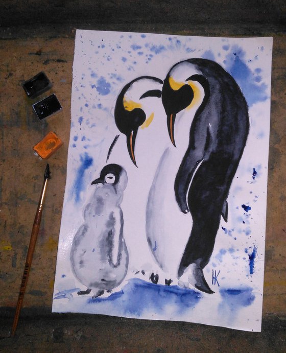 Penguin Painting Animal Original Art Wildlife Watercolor Artwork Baby Penguin Family Home Wall Art 8 by 12" by Halyna Kirichenko
