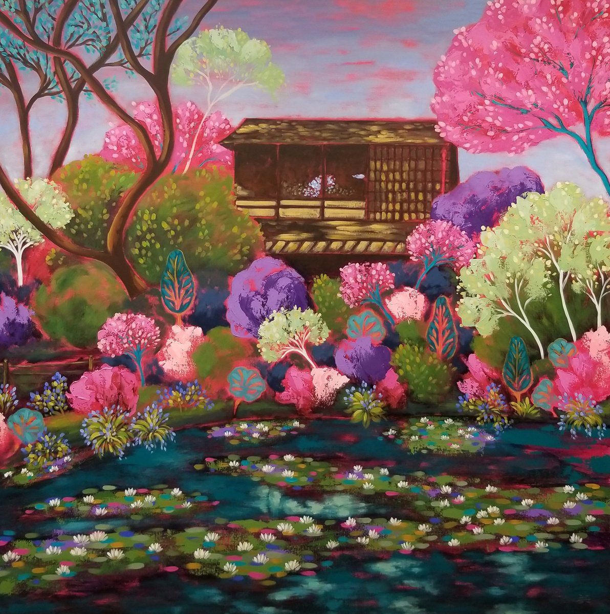 Impressionistic Landscape Acrylic Painting By Karen Rieger, 48 X 48", Evening Waterlilies, Original Artwork