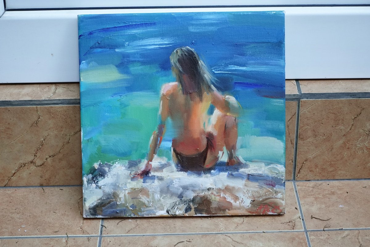 Impressionistic Portrait Oil Painting By Nelina Trubach-Moshnikova, 16 X 16", Girl And The Sea, Original Artwork