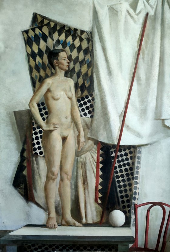 Nude with a spear and a sphere.