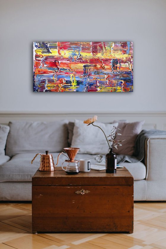 "Go With The Flow" - FREE WORLDWIDE SHIPPING - Original PMS Abstract Oil Painting On Canvas - 36" x 18"