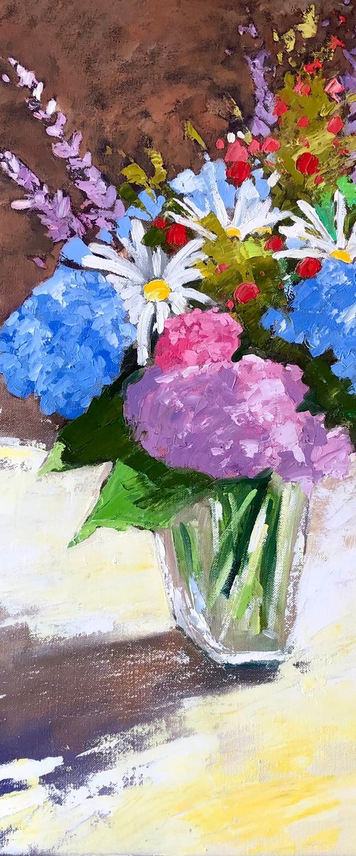 Bouquet flowers in vase, still life painting with flowers by Volodymyr Smoliak