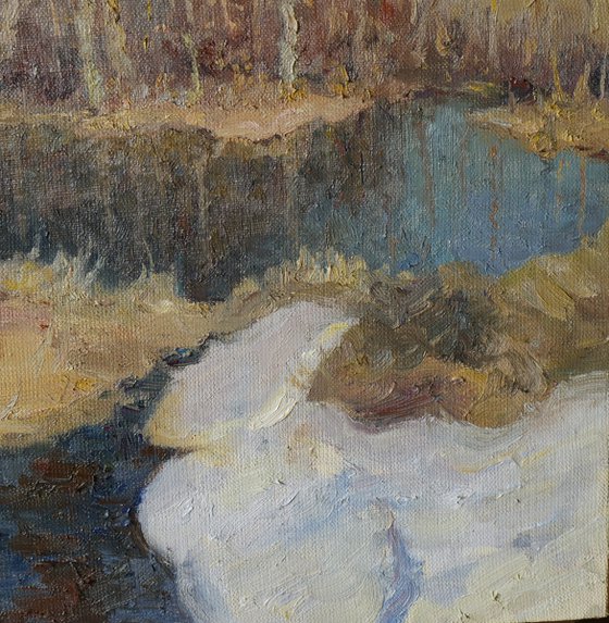 The Sunny March Day - Original Spring River Oil Painting