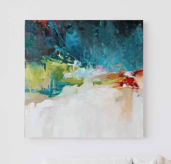 "Thunderstorm" Teal green red abstract art
