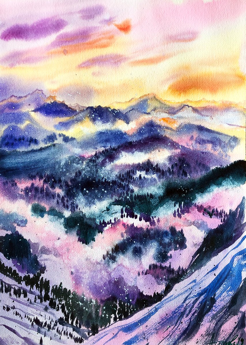 Impressionistic Landscape Watercolour By Ksenia Astakhova, 14 X 20", Sunset On Top Of Pilatus, Original Artwork