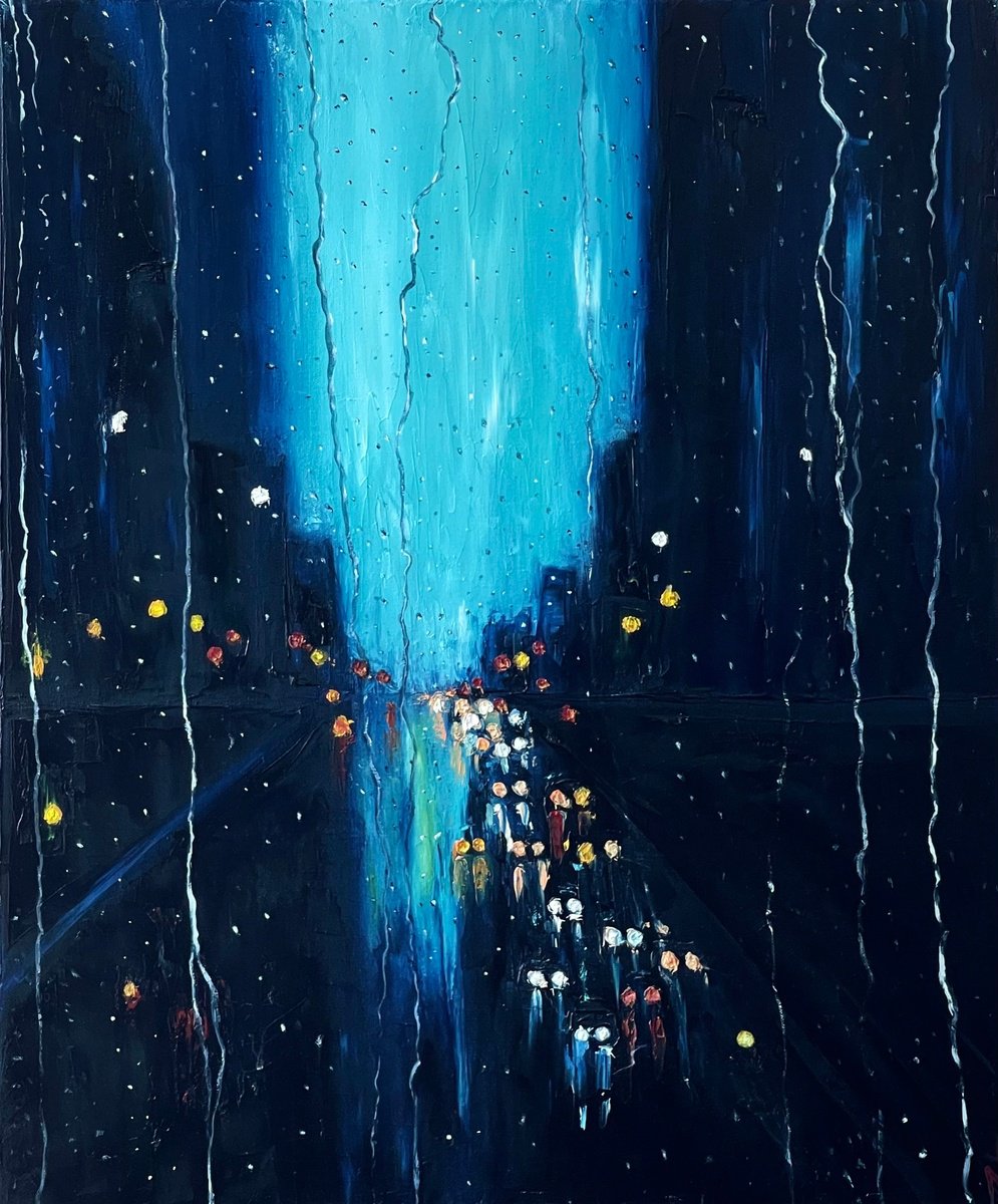 Abstract Cityscapes Oil Painting By Anastasiia Novitskaya, 20 X 24, During The Rain, Original Artwork