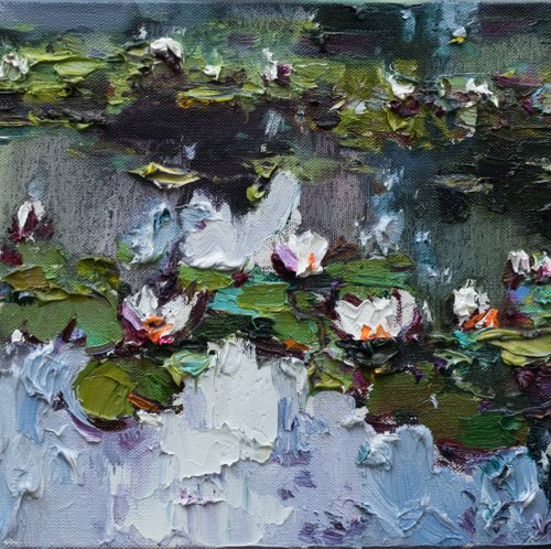 Water Lilies in pond -  Original Oil painting by Anastasiia Valiulina