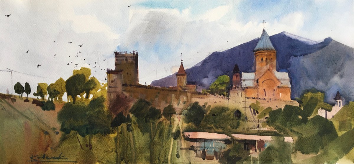 Impressionistic Landscape Watercolour By Andrii Kovalyk, 22 X 11, Fortress Ananuri. Georgia, Original Artwork