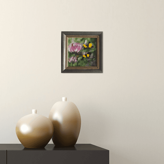 Bees, small framed oil painting, flower, gift idea, art for home