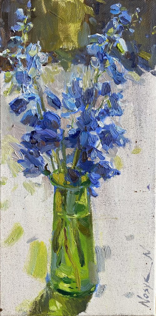Blue Flowers in Green Vase by Nataliia Nosyk