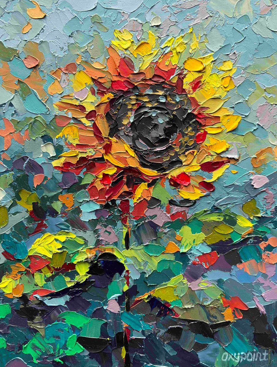 Impressionistic Botanical Oil Painting By Oxypoint, 9 X 12", "The Sunflower", Original Artwork