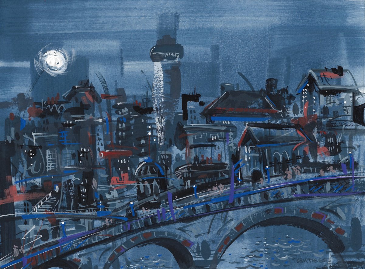 Cityscapes Watercolour By Ben De Soto, 12 X 9, Full Moon, Original Artwork