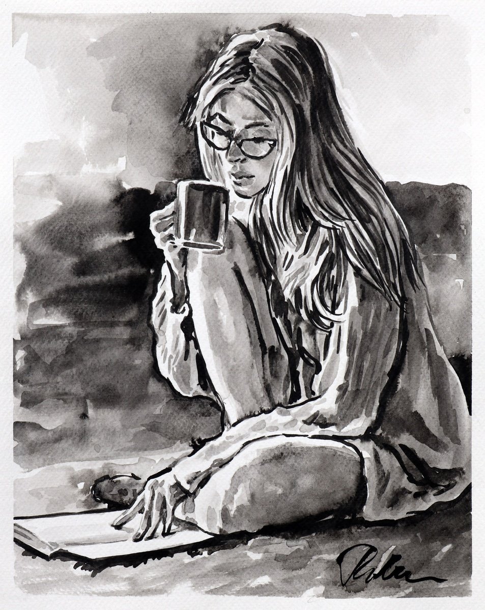 Urban And Pop Portrait Ink Drawing By Tashe, 9 X 12", Booklover, Home, Original Artwork