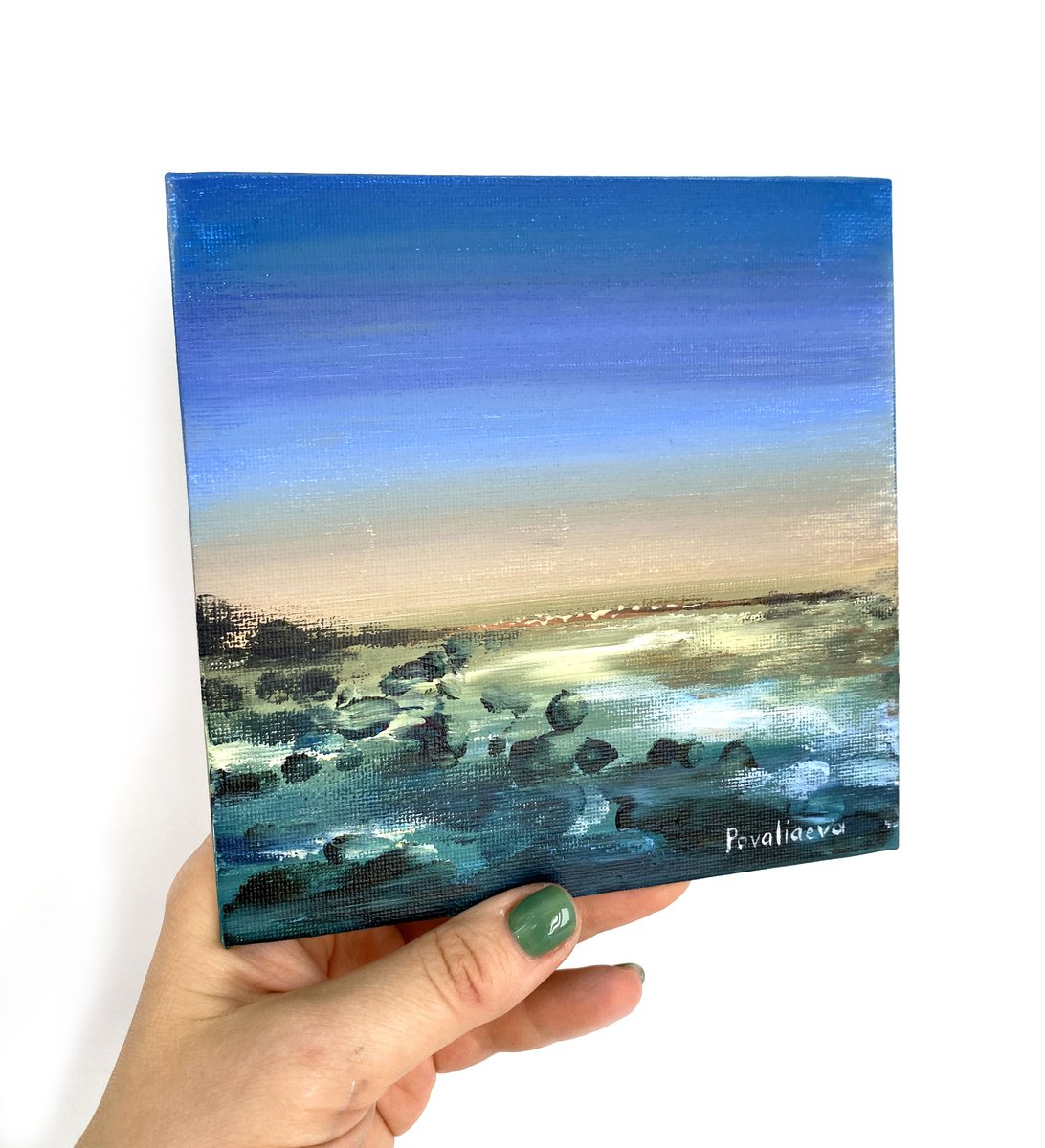 Absrtack sea landscape painting, acrilic abstraction, sea sunset painting, miniature paint... by Irina Povaliaeva
