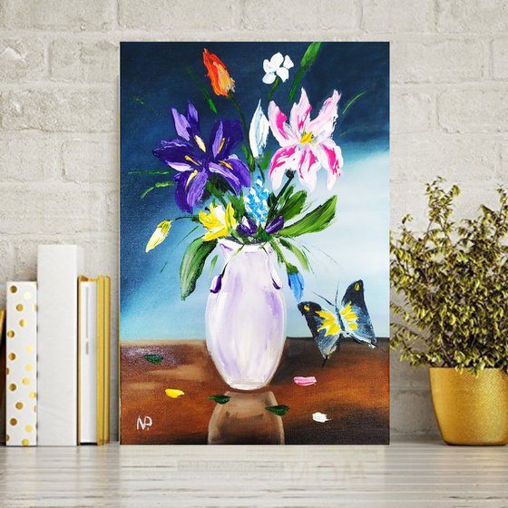 Bouquet of spring flowers, original small oil painting, gift idea, decor for home