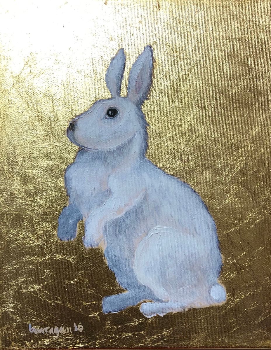 The Little White Rabbit Oil Painting on Lacquered Golden Leaf by Caridad I. Barragan