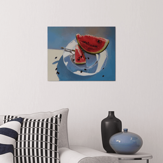 "Juicy slices"  still life summer watermelon liGHt original painting  GIFT (2019)