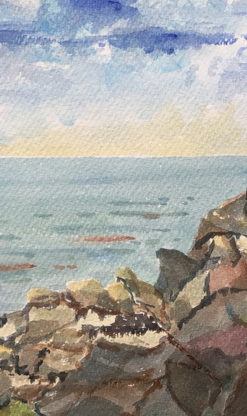 Rocky coastline, watercolour painting. by Julian Lovegrove Art