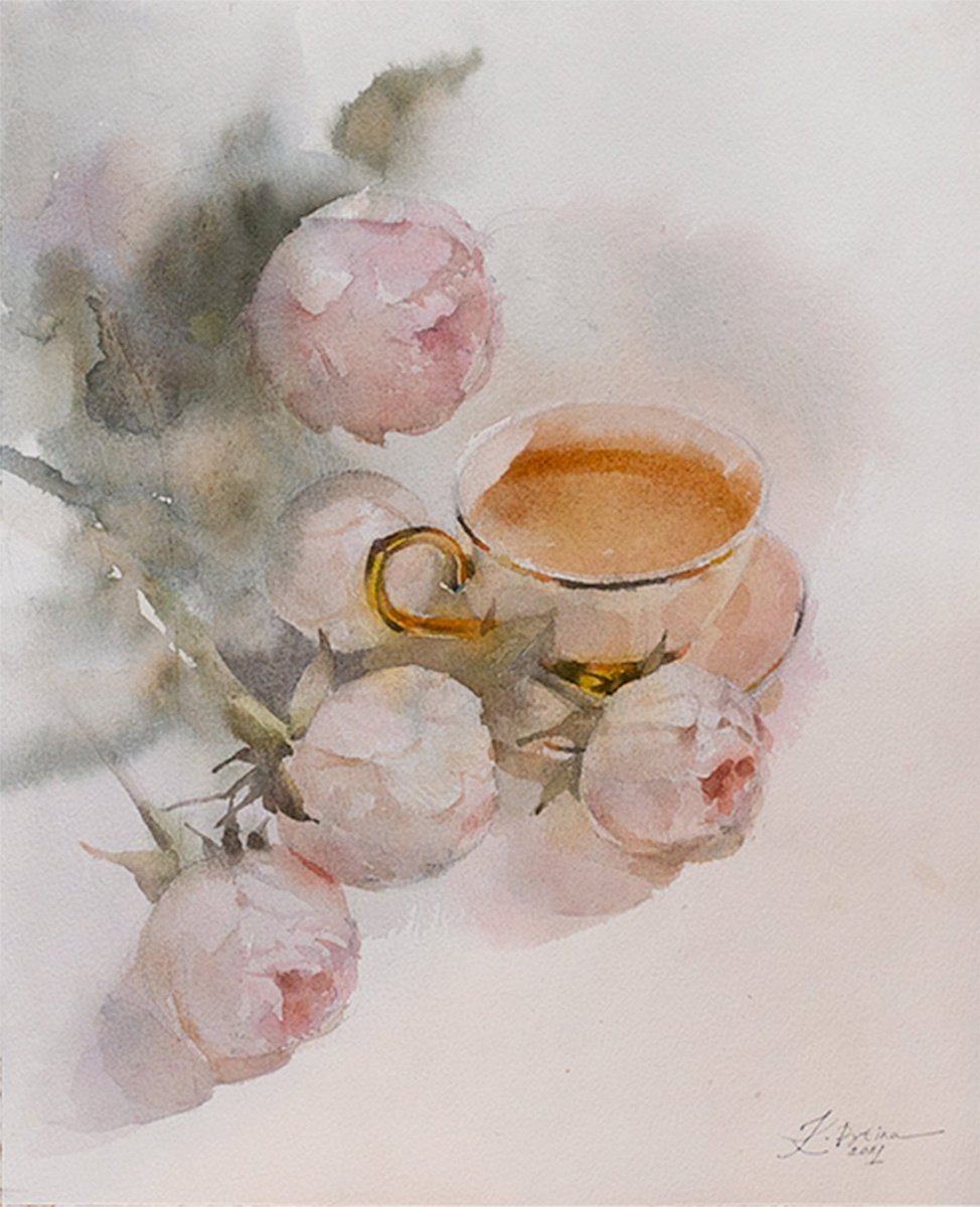 Tea and peonies by Ekaterina Pytina