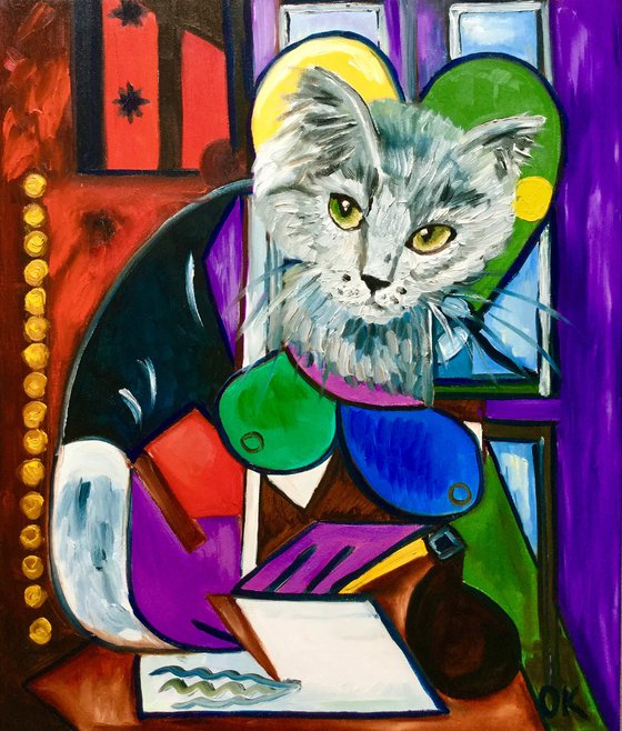 Cat writing a letter, version of Picasso painting FOR CAT LOVERS GIFT IDEA