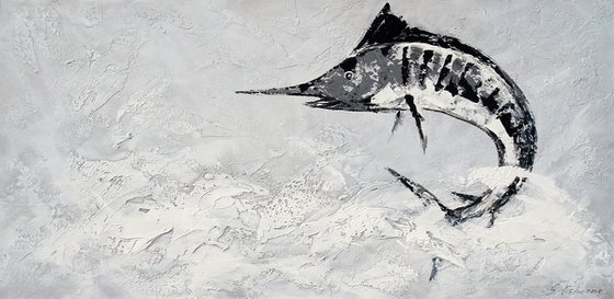 OCEAN SURPRISE II. Large Gray Abstract Painting of Fish Jumping out of the Water