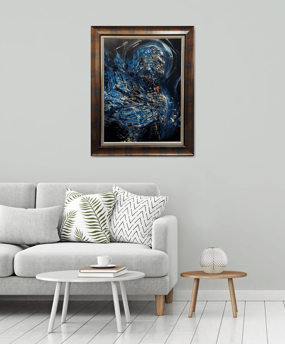 Framed Enigmatic Abstract Dark Blue Angel Series Painting By KLOSKA