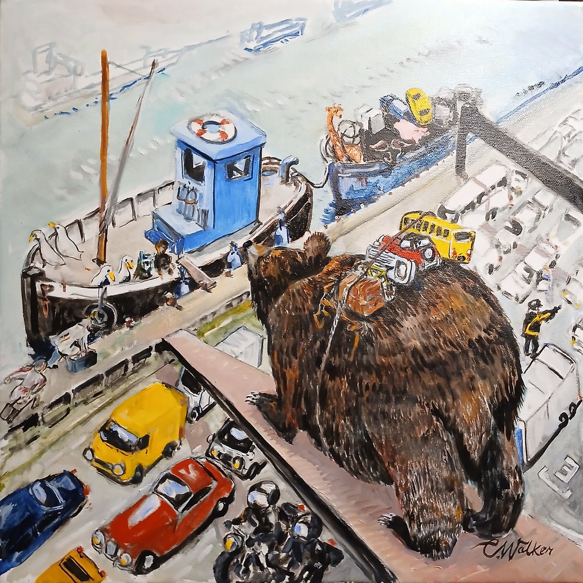 Expressive Oil Painting , Car Ferry By Chris Walker, 16 X 16, Artwork For Sale On Artfinder