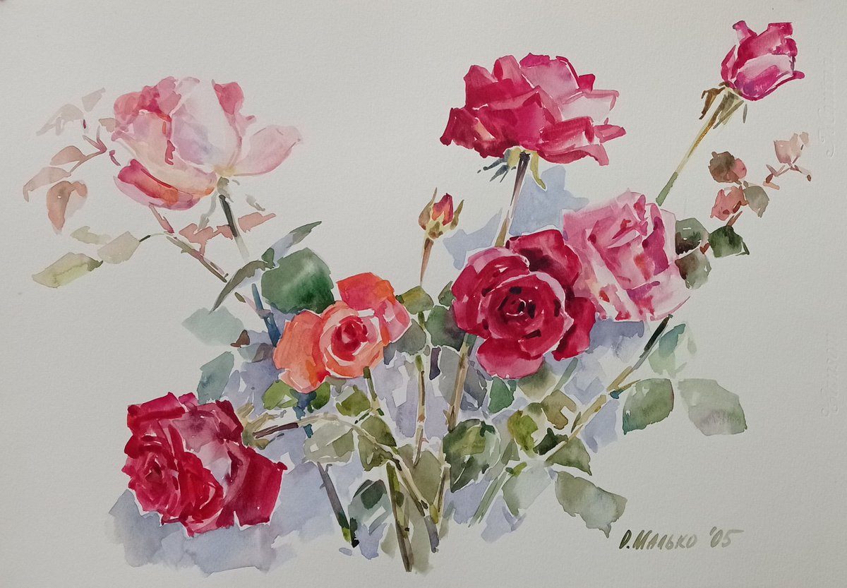 Bright roses. Sketch / Original watercolor Large floral picture Colorful garden flowers by Olha Malko