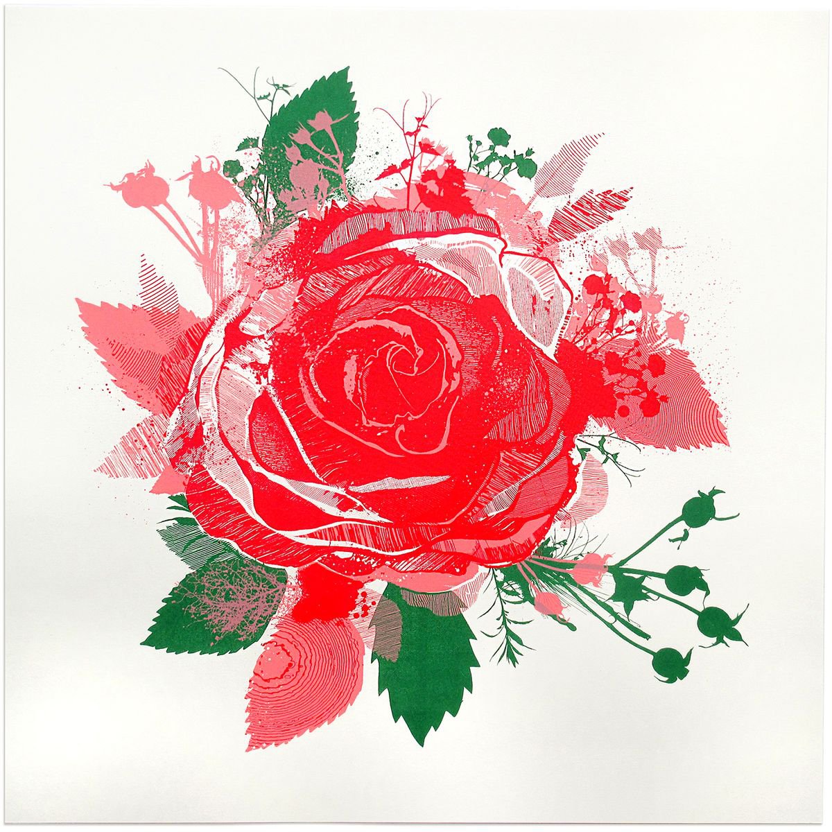 Expressive Botanical Screenprint By Chris Keegan, 16 X 16, Rose, Original Artwork
