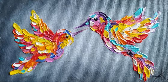 Small birds - hummingbirds, oil painting, hummingbird, birds, love, animals oil painting, art bird, impressionism, palette knife, gift.