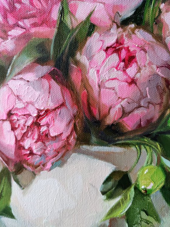 Pink peony painting original canvas art, Flowers art painting, Floral still life