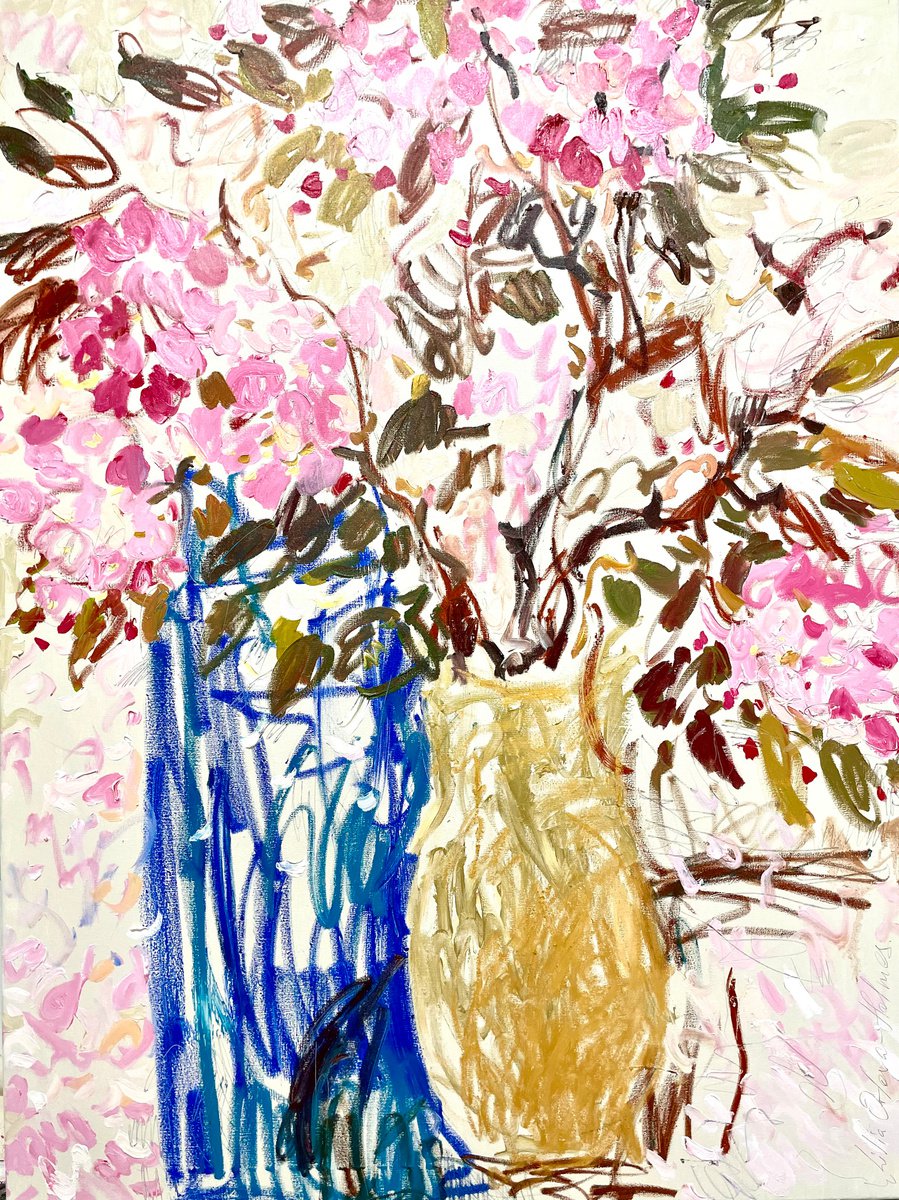 Impressionistic Botanical Oil Painting By Lilia Orlova-Holmes, 35 X 47", A Blue Door, Original Artwork