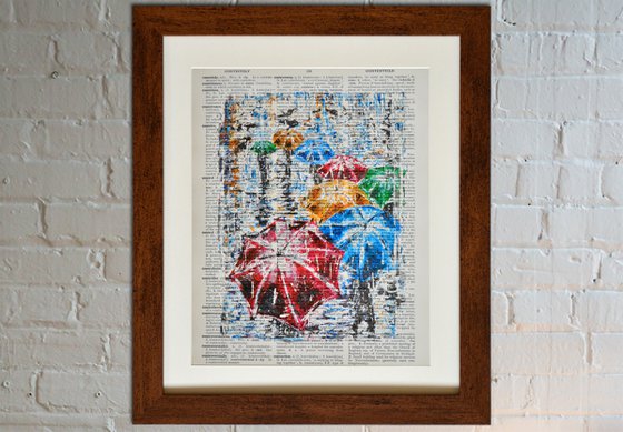 Umbrellas - Collage Art on Large Real English Dictionary Vintage Book Page