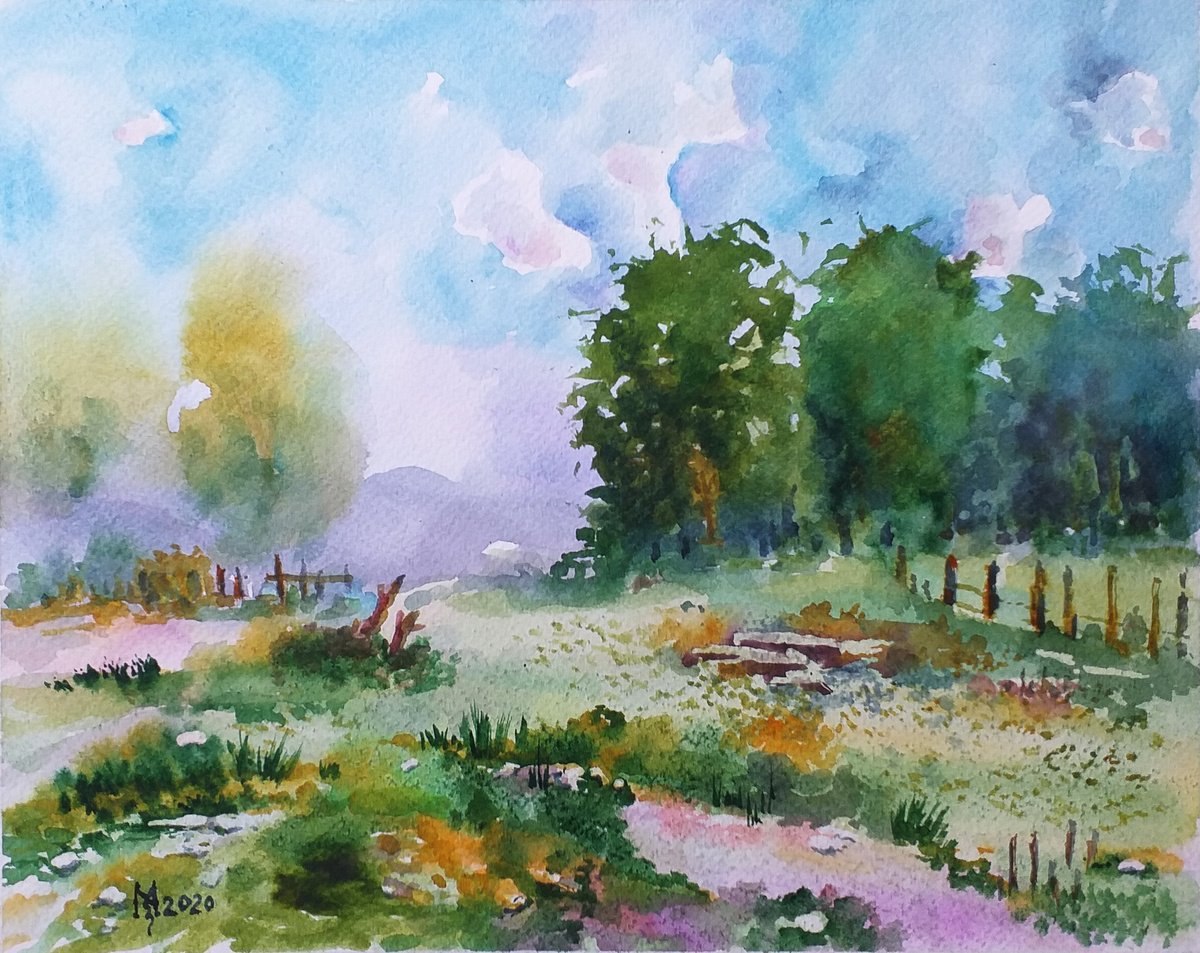 Impressionistic Landscape Watercolour By Zoran Mihajlovic Muza, 12 X 9", Landscape Vi / 29.5 X 23.5 Cm, Original Artwork