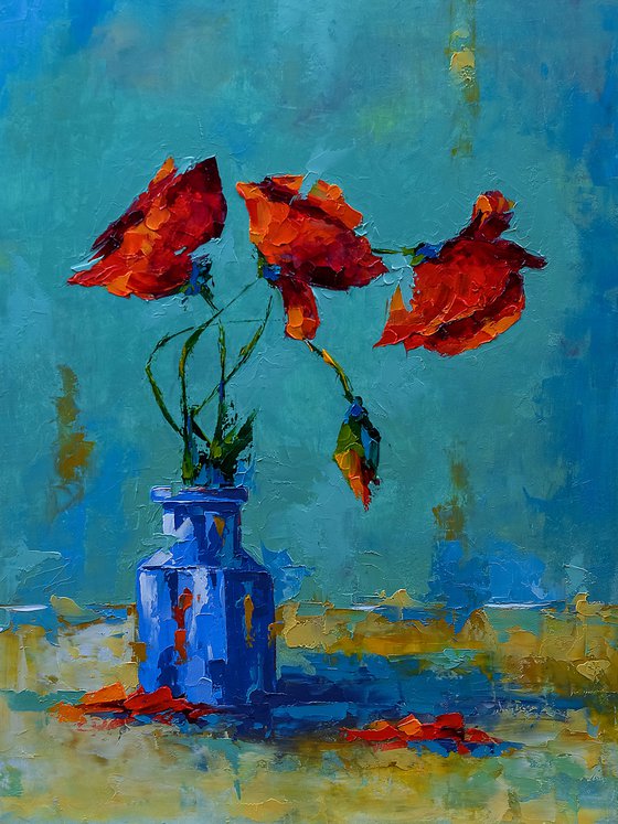 Popy flowrs i the vase. Still life painting with poppy