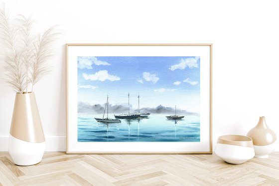 Sailing  boats original artwork, decor for bedroom , medium size, blue colors
