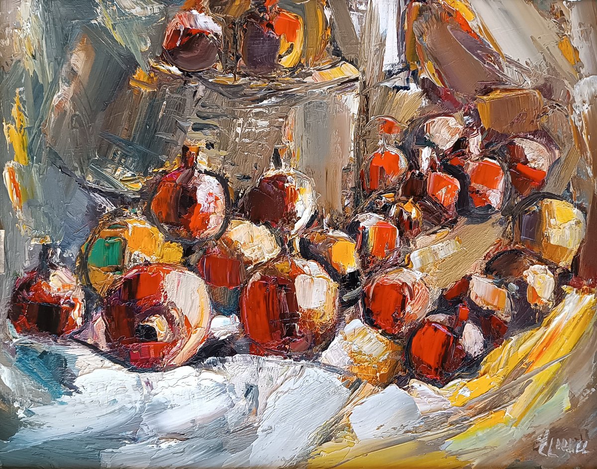 Impressionistic Botanical Oil Painting By Vlas Ayvazyan, 20 X 16", Golden Pomegranate Harvest, Original Artwork