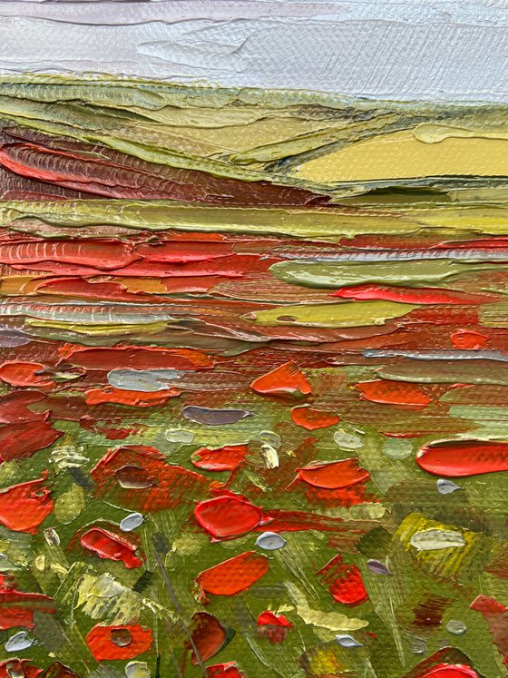 Landscape oil painting Poppy Flowers Field Original Oil Painting 23х28cm Palette Knife Impasto