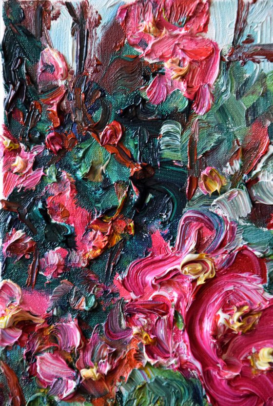 Abstract flowers impasto oil painting Spring blooming, palette knife floral home decor