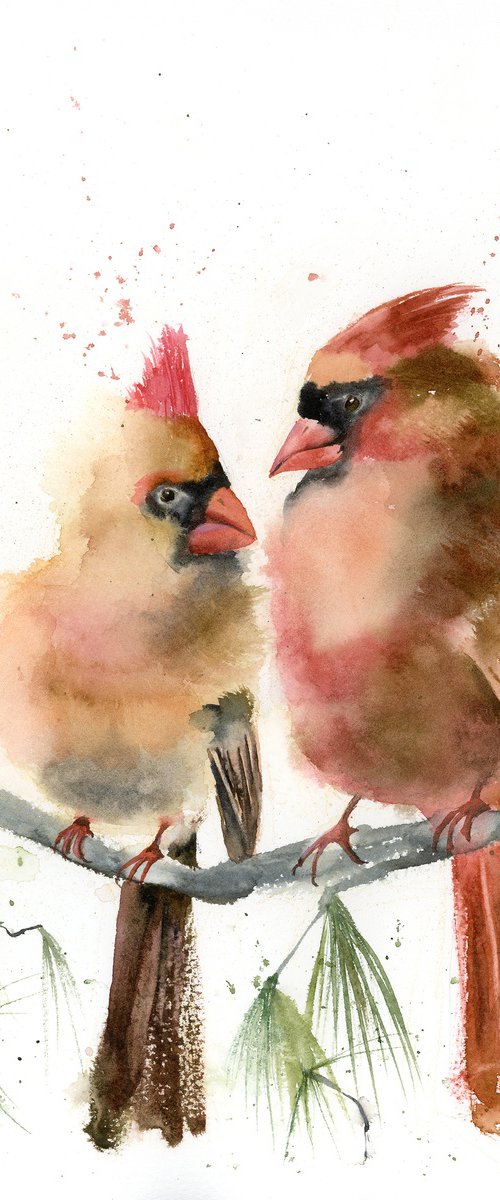 Two Cardinals on a branch - original watercolor painting by Olga Tchefranov (Shefranov)