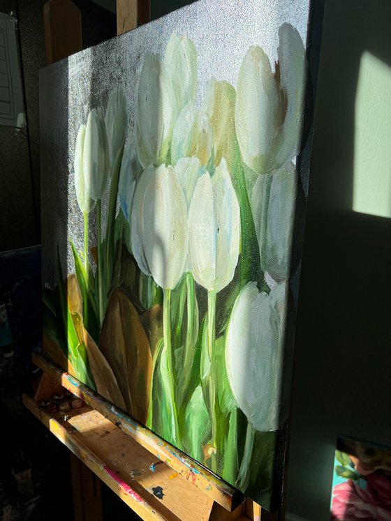 Oil painting White tulips with silver background